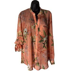 Floral Long Sleeve Sheer Button-Down Shirt Peach & Green Lightweight Boho Top